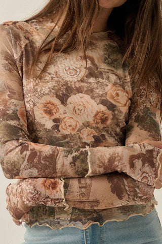 Vintage Rose Mesh Top-Long Sleeves-Promesa USA-Summit Lane Boutique, Women's Apparel and Gifts located in Grand Rapids, MI