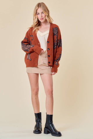TIGER PRINTED SWEATER CARDIGAN-Cardigans-Doe and Rae-Summit Lane Boutique, Women's Apparel and Gifts located in Grand Rapids, MI