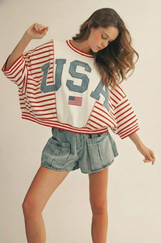 4th of July USA Letter Sweatshirt-Short Sleeves-LovLov-Summit Lane Boutique, Women's Apparel and Gifts located in Grand Rapids, MI