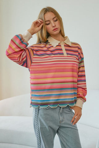 The Josie Scalloped Stripe Top-Long Sleeve Shirt-LovLov-Summit Lane Boutique, Women's Apparel and Gifts located in Grand Rapids, MI