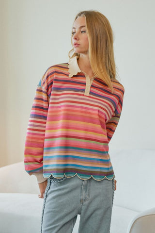 The Josie Scalloped Stripe Top-Long Sleeve Shirt-LovLov-Summit Lane Boutique, Women's Apparel and Gifts located in Grand Rapids, MI