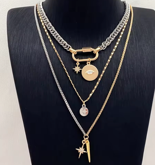 Horn and Evil Eye - Carabiner Multi Chain Charm Necklace-Necklaces-HoopLa Style-Summit Lane Boutique, Women's Apparel and Gifts located in Grand Rapids, MI