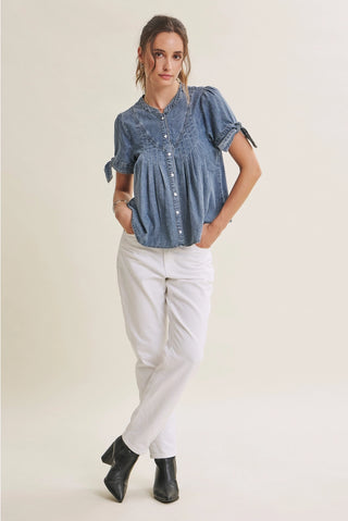 Caroline Denim Top-Short Sleeves-in february-Summit Lane Boutique, Women's Apparel and Gifts located in Grand Rapids, MI