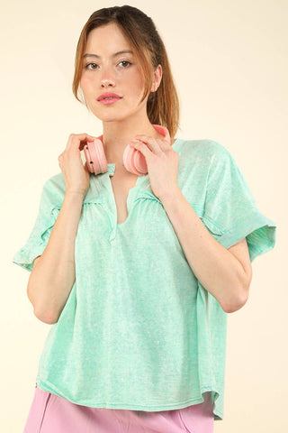 Split Neck Washed Knit Top-Short Sleeves-VERY J-Summit Lane Boutique, Women's Apparel and Gifts located in Grand Rapids, MI