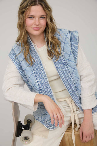 WASHED DENIM QUILTED SHAWL VEST-Vest-Blu Pepper-Summit Lane Boutique, Women's Apparel and Gifts located in Grand Rapids, MI