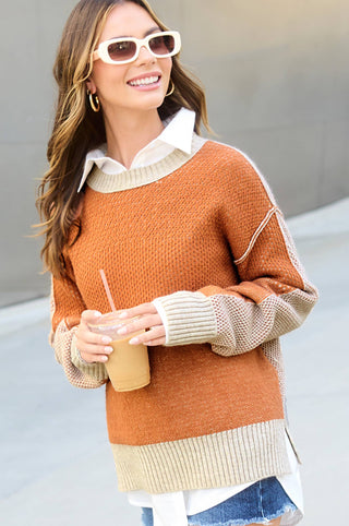 MCS3556-Loose Fit Color Block Textured Round Neck Sweater-La Miel-Summit Lane Boutique, Women's Apparel and Gifts located in Grand Rapids, MI