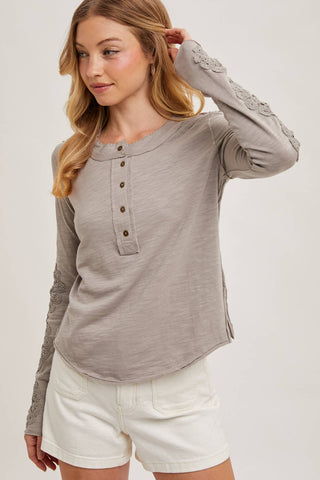 CROCHET PATCH SLEEVED HALF BUTTON ROUND NECK TOP-Long Sleeves-Bluivy-Summit Lane Boutique, Women's Apparel and Gifts located in Grand Rapids, MI