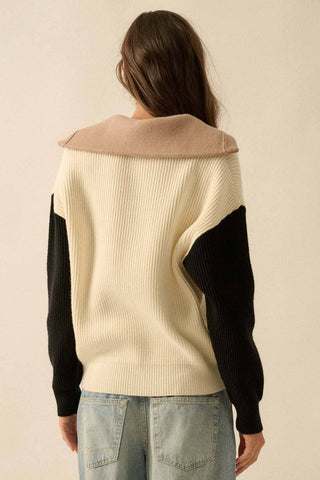 Colorblock Ribbed Knit Flap-Collar V-Neck Sweater-Sweaters-Promesa USA-Summit Lane Boutique, Women's Apparel and Gifts located in Grand Rapids, MI