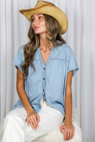 Sienna Chambray Button Up Top-Blouse-Vine & Love-Summit Lane Boutique, Women's Apparel and Gifts located in Grand Rapids, MI