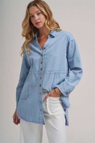 The Blue Skies Striped Denim Shirt-BON-Summit Lane Boutique, Women's Apparel and Gifts located in Grand Rapids, MI