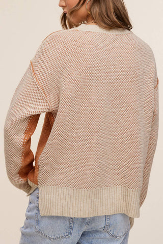 MCS3556-Loose Fit Color Block Textured Round Neck Sweater-La Miel-Summit Lane Boutique, Women's Apparel and Gifts located in Grand Rapids, MI