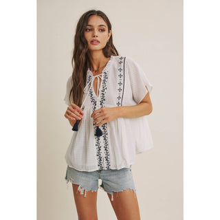 Island Morning Embroidered Top-Short Sleeves-in february-Summit Lane Boutique, Women's Apparel and Gifts located in Grand Rapids, MI