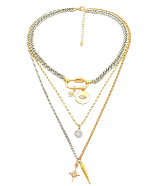 Horn and Evil Eye - Carabiner Multi Chain Charm Necklace-Necklaces-HoopLa Style-Summit Lane Boutique, Women's Apparel and Gifts located in Grand Rapids, MI