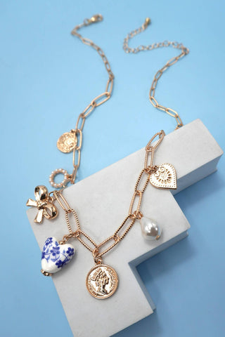 CERAMIC PORCELAIN BOW HEART CHARM LINK NECKLACE-Necklaces-JOSSLYN by wall to wall-Summit Lane Boutique, Women's Apparel and Gifts located in Grand Rapids, MI