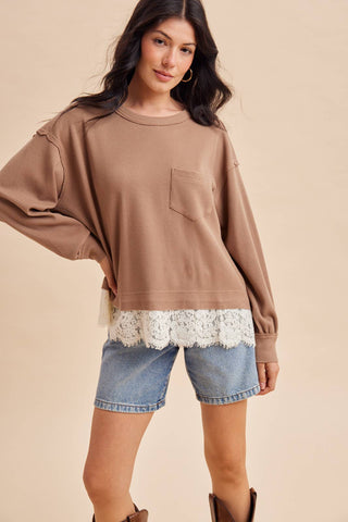 The Hallie Lace Trim Top-Long Sleeves-In Loom-Summit Lane Boutique, Women's Apparel and Gifts located in Grand Rapids, MI