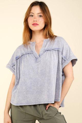 Split Neck Washed Knit Top-Short Sleeves-VERY J-Summit Lane Boutique, Women's Apparel and Gifts located in Grand Rapids, MI