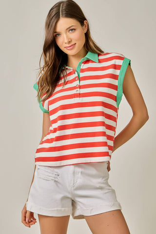Portside Stripe Polo Tee-Short Sleeves-Mystree-Summit Lane Boutique, Women's Apparel and Gifts located in Grand Rapids, MI