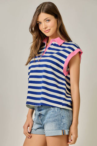 Portside Stripe Polo Tee-Short Sleeves-Mystree-Summit Lane Boutique, Women's Apparel and Gifts located in Grand Rapids, MI