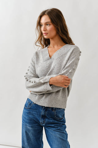 POMPOM LONG SLEEVES V NECK SWEATER-Sweaters-Aaron & Amber-Summit Lane Boutique, Women's Apparel and Gifts located in Grand Rapids, MI