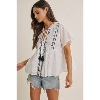 Island Morning Embroidered Top-Short Sleeves-in february-Summit Lane Boutique, Women's Apparel and Gifts located in Grand Rapids, MI