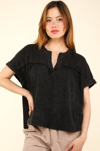 Split Neck Washed Knit Top-Short Sleeves-VERY J-Summit Lane Boutique, Women's Apparel and Gifts located in Grand Rapids, MI