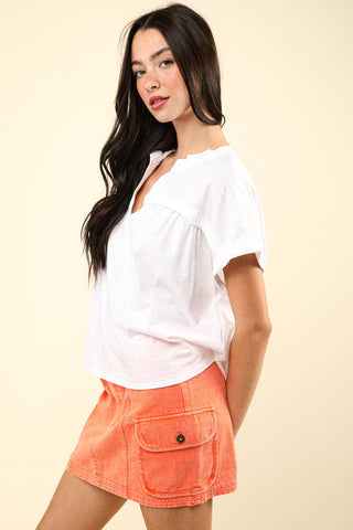 Split Neck Washed Knit Top-Short Sleeves-VERY J-Summit Lane Boutique, Women's Apparel and Gifts located in Grand Rapids, MI