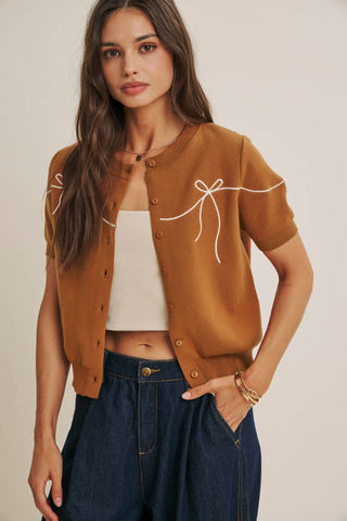 FRENCH MORNING BOW EMBROIDERED BUTTON-DOWN COTTON CARDIGAN-Cardigans-in february-Summit Lane Boutique, Women's Apparel and Gifts located in Grand Rapids, MI