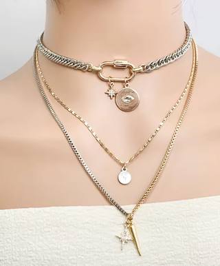 Horn and Evil Eye - Carabiner Multi Chain Charm Necklace-Necklaces-HoopLa Style-Summit Lane Boutique, Women's Apparel and Gifts located in Grand Rapids, MI