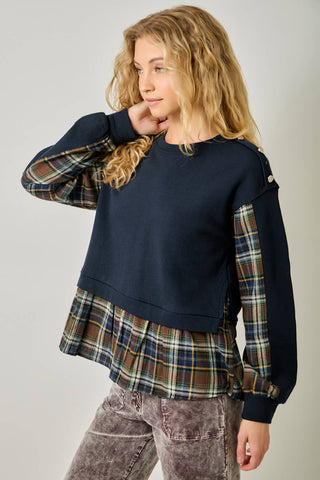 The Tatum Plaid Twofer Sweatshirt-sweatshirt-Mystree-Summit Lane Boutique, Women's Apparel and Gifts located in Grand Rapids, MI