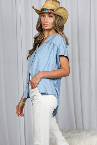 Sienna Chambray Button Up Top-Blouse-Vine & Love-Summit Lane Boutique, Women's Apparel and Gifts located in Grand Rapids, MI