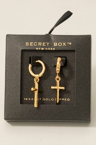 Secret Box Gold Dipped Cross Charm Hoop Earrings