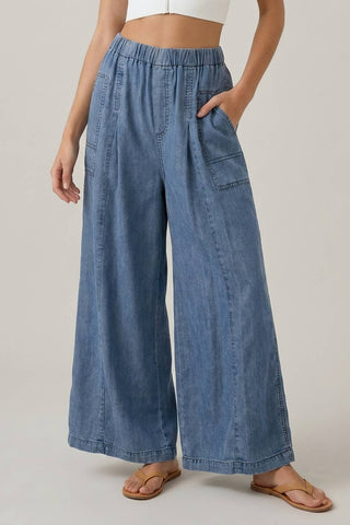 CHAMBRAY ELASTIC WAIST WIDE LEG CULOTES PANTS - 8952P-Pants-Doe and Rae-Summit Lane Boutique, Women's Apparel and Gifts located in Grand Rapids, MI