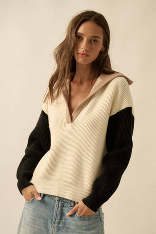 Colorblock Ribbed Knit Flap-Collar V-Neck Sweater-Sweaters-Promesa USA-Summit Lane Boutique, Women's Apparel and Gifts located in Grand Rapids, MI