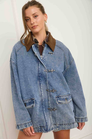 The Hudson Cord Collar Denim Jacket-Jacket-J.O.A-Summit Lane Boutique, Women's Apparel and Gifts located in Grand Rapids, MI