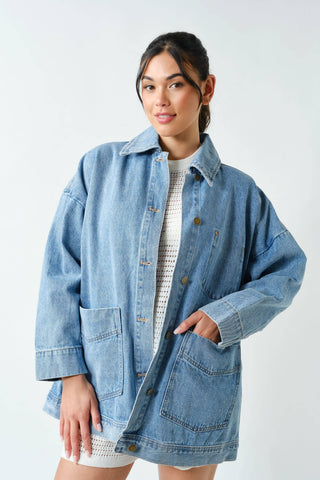 Boxy-Cut Denim Jacket-Jackets-Mono B-Summit Lane Boutique, Women's Apparel and Gifts located in Grand Rapids, MI