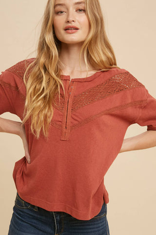 The Laurel Lace Henley-Short Sleeves-In Loom-Summit Lane Boutique, Women's Apparel and Gifts located in Grand Rapids, MI