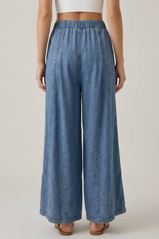 CHAMBRAY ELASTIC WAIST WIDE LEG CULOTES PANTS - 8952P-Pants-Doe and Rae-Summit Lane Boutique, Women's Apparel and Gifts located in Grand Rapids, MI