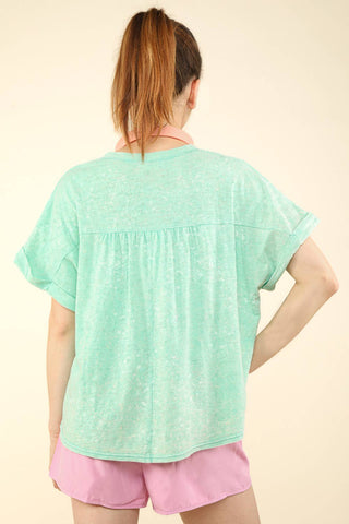 Split Neck Washed Knit Top-Short Sleeves-VERY J-Summit Lane Boutique, Women's Apparel and Gifts located in Grand Rapids, MI