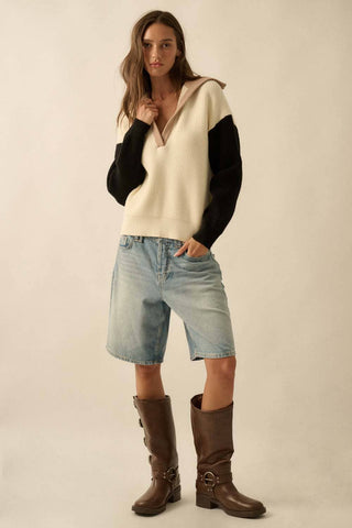 Colorblock Ribbed Knit Flap-Collar V-Neck Sweater-Sweaters-Promesa USA-Summit Lane Boutique, Women's Apparel and Gifts located in Grand Rapids, MI