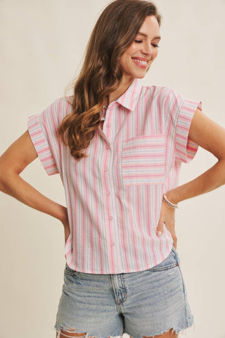 Millie Stripe Button Down-Short Sleeves-in february-Summit Lane Boutique, Women's Apparel and Gifts located in Grand Rapids, MI