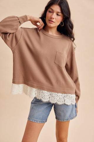 The Hallie Lace Trim Top-Long Sleeves-In Loom-Summit Lane Boutique, Women's Apparel and Gifts located in Grand Rapids, MI