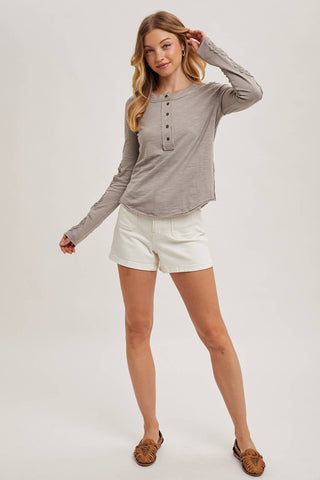 CROCHET PATCH SLEEVED HALF BUTTON ROUND NECK TOP-Long Sleeves-Bluivy-Summit Lane Boutique, Women's Apparel and Gifts located in Grand Rapids, MI