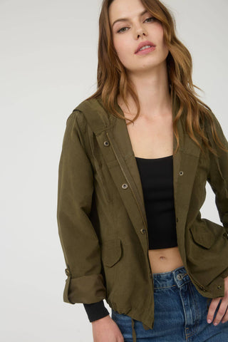 SNAP BUTTON ZIP UP HOODED JACKET