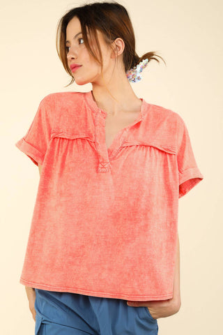 Split Neck Washed Knit Top-Short Sleeves-VERY J-Summit Lane Boutique, Women's Apparel and Gifts located in Grand Rapids, MI