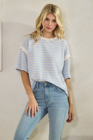 T-42242-CLOUDY KNIT STRIPE ROUND NECK 1/2 SLEEVE TOP-Tres Bien, Inc-Summit Lane Boutique, Women's Apparel and Gifts located in Grand Rapids, MI