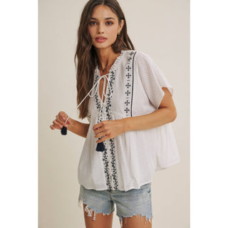 Island Morning Embroidered Top-Short Sleeves-in february-Summit Lane Boutique, Women's Apparel and Gifts located in Grand Rapids, MI