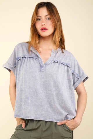 Split Neck Washed Knit Top-Short Sleeves-VERY J-Summit Lane Boutique, Women's Apparel and Gifts located in Grand Rapids, MI