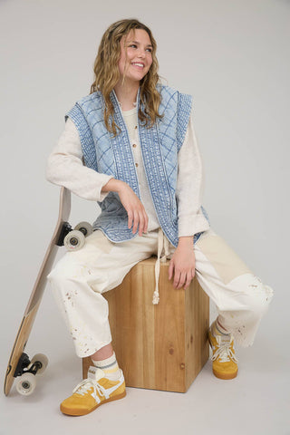 WASHED DENIM QUILTED SHAWL VEST-Vest-Blu Pepper-Summit Lane Boutique, Women's Apparel and Gifts located in Grand Rapids, MI
