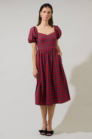 Arvada Plaid Alessi Puff Sleeve Midi Dress-Dresses-Sugarlips-Summit Lane Boutique, Women's Apparel and Gifts located in Grand Rapids, MI