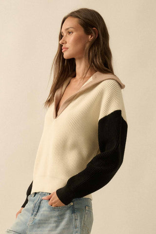 Colorblock Ribbed Knit Flap-Collar V-Neck Sweater-Sweaters-Promesa USA-Summit Lane Boutique, Women's Apparel and Gifts located in Grand Rapids, MI